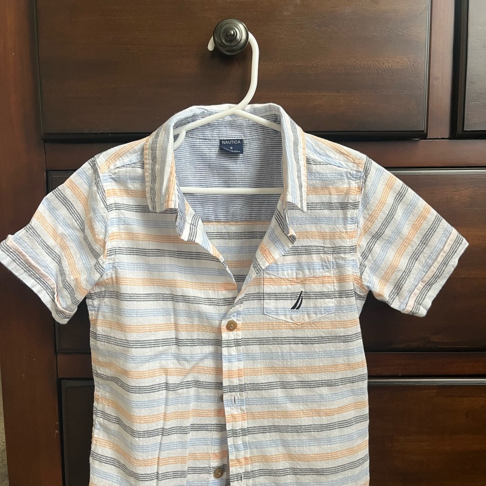 Nautica Kids Button Down Shirt - Blue, Orange, White Stripes